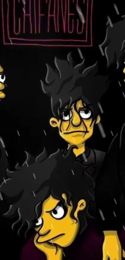 Yellow cartoon characters in black suits, artistic design.