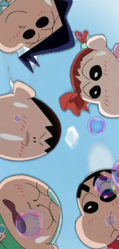Cartoon characters looking up at bubbles in a bright sky blue background.