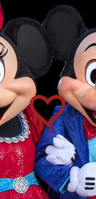 Iconic cartoon characters in love with vibrant colors and heart symbol.
