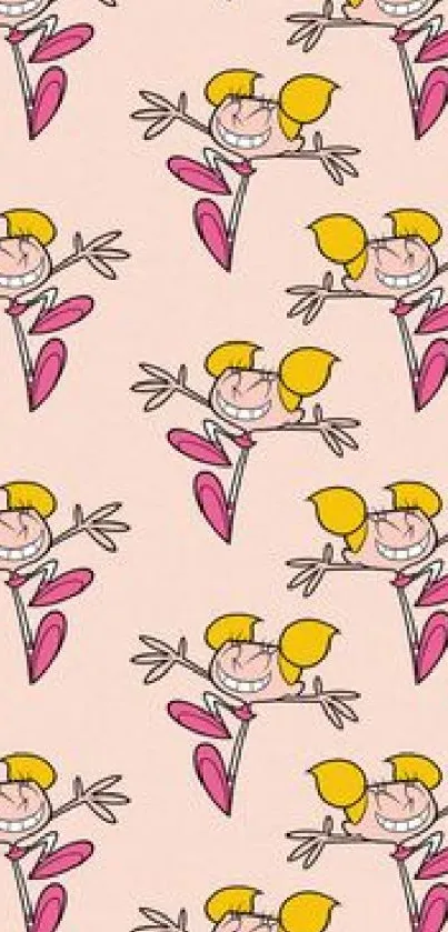 Cartoon characters in pink and yellow on a light pink background wallpaper.