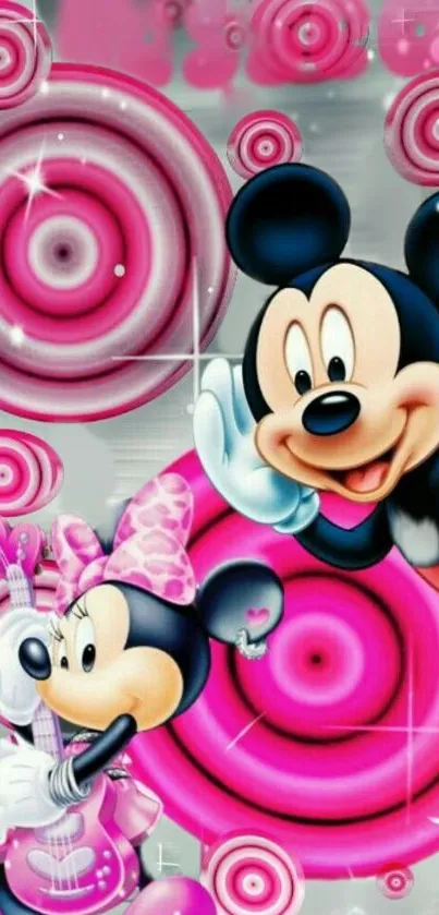 Cartoon characters on a pink vortex-themed mobile wallpaper.