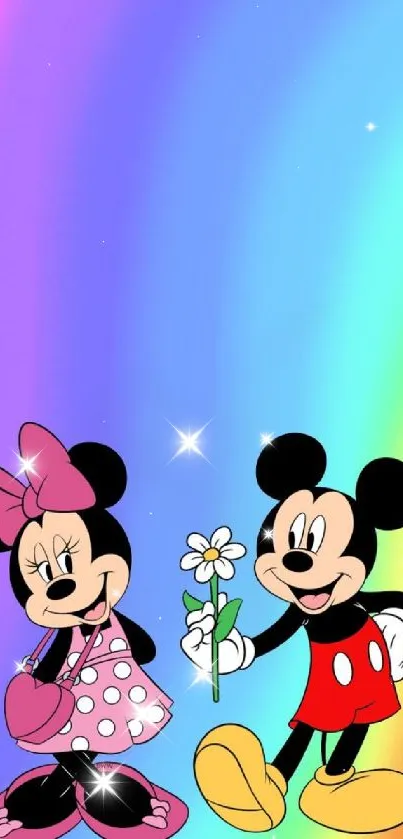 Colorful cartoon characters on a rainbow background.