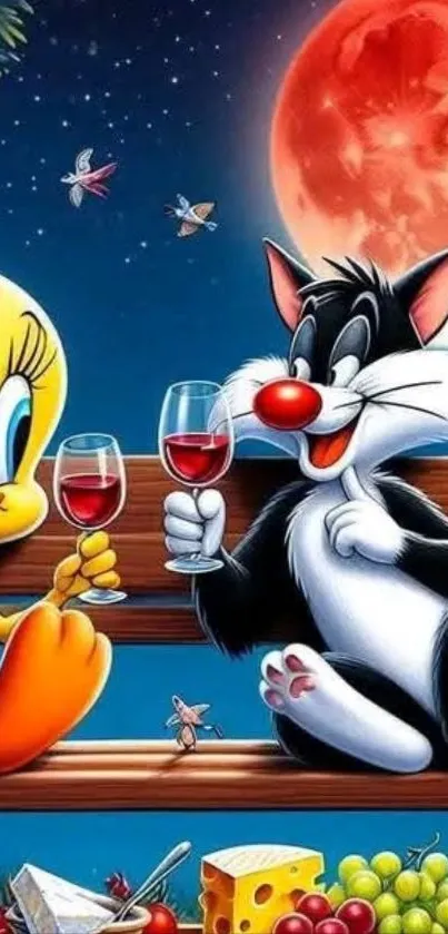 Cartoon characters enjoy drinks under a red moon night.