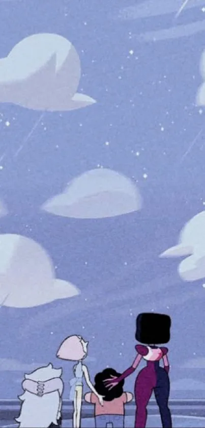 Cartoon characters gaze at a starry night sky.