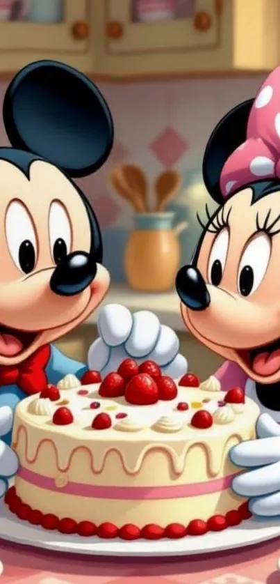 Cartoon mice delightfully holding a cake.