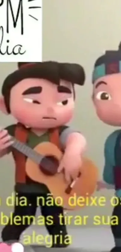 Cartoon characters playing guitar in a colorful scene.