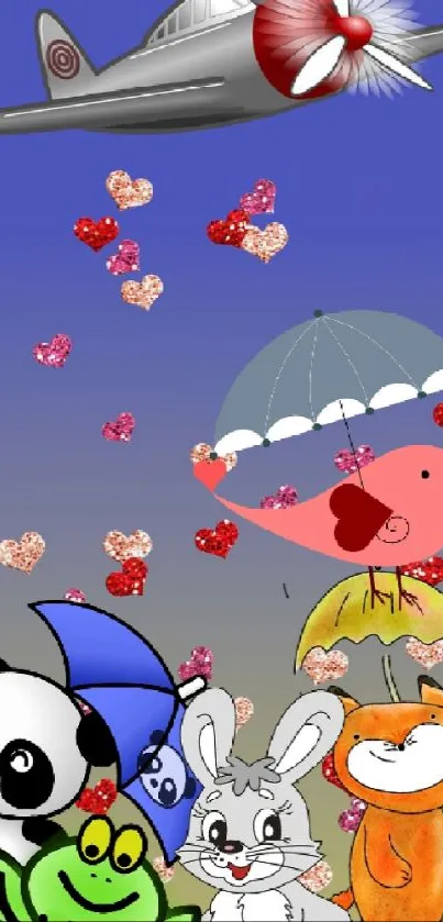 Cartoon animals in heart rain under a blue sky.