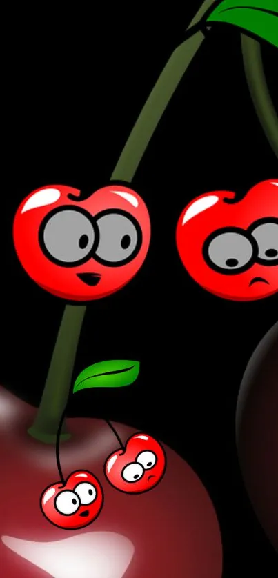 Colorful cartoon cherries with playful expressions on a black background.