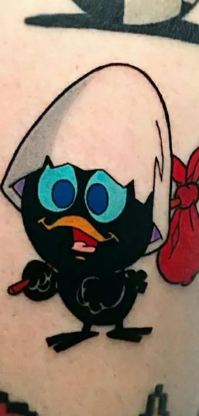 Cartoon chick tattoo with retro style on skin.