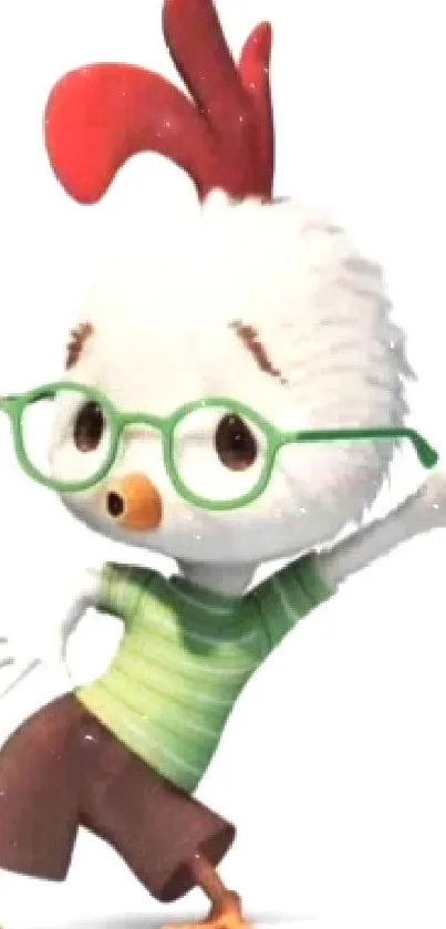 Cartoon chicken wearing green glasses, striking a playful pose.