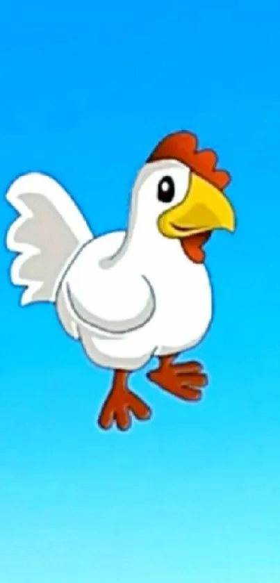 Cartoon chicken flying against a sky-blue background.