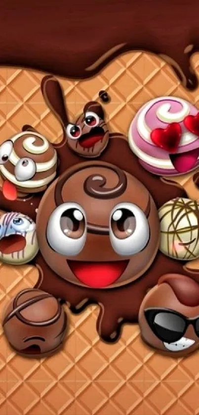 Cartoon chocolate emojis on waffle wallpaper