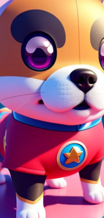 Colorful cartoon corgi with purple eyes and star on red outfit.