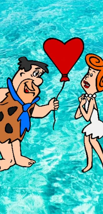 Cartoon couple with heart balloon on turquoise background.