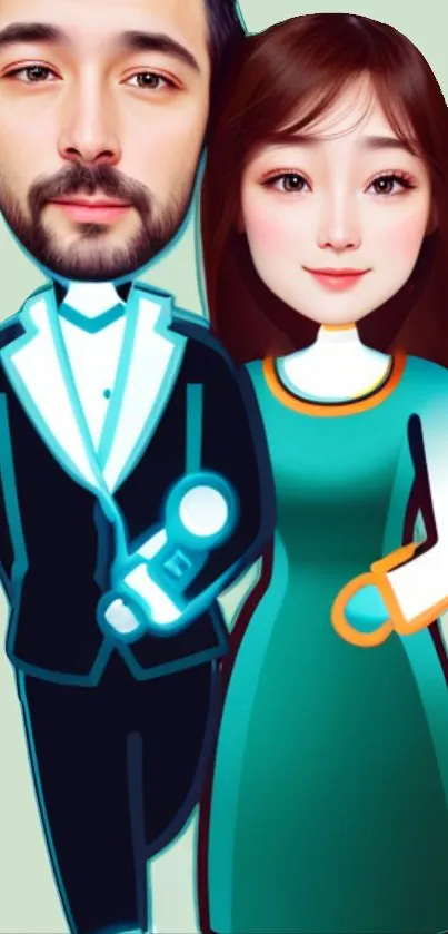 Cartoon couple caricature illustration with teal background.