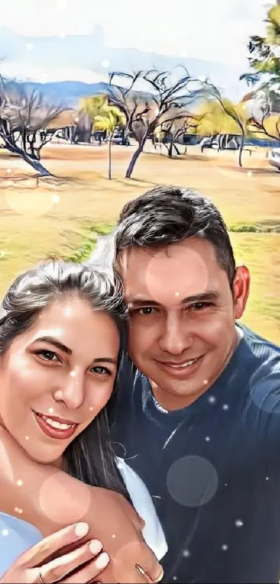 Cartoon couple smiling in a vibrant natural landscape.