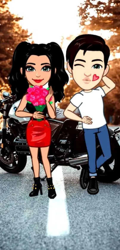 Cartoon couple with motorcycle background, featuring a fun and romantic theme.