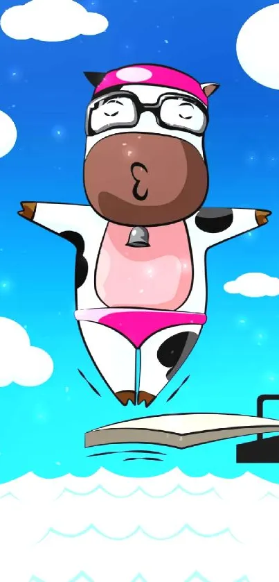 Cartoon cow in pink swimsuit diving into ocean.