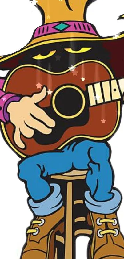 Colorful cartoon cowboy playing guitar on a mobile wallpaper.