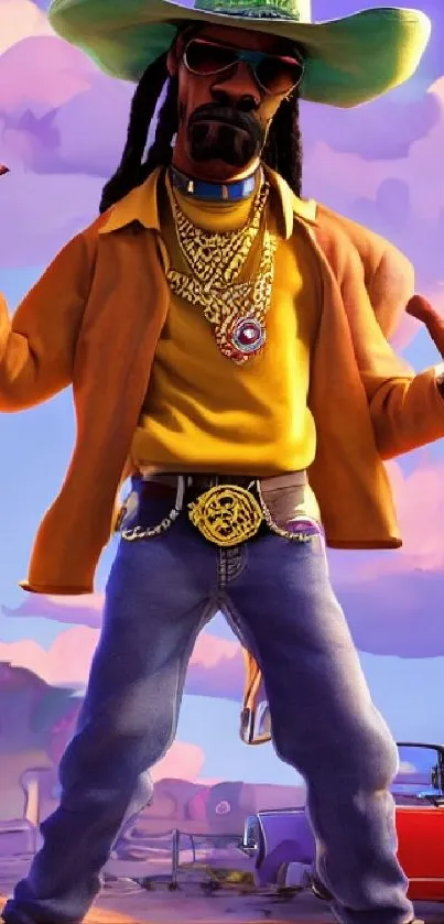 Animated cowboy with hat in vibrant colors and dynamic pose.