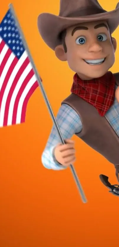 Cartoon cowboy with American flag on orange background.