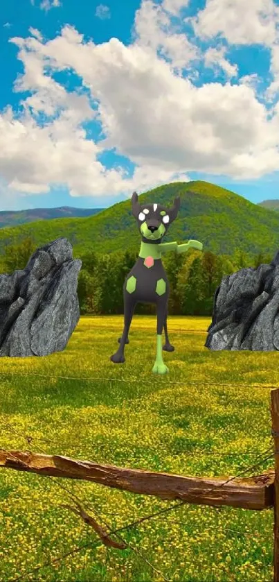 Cartoon creature in a colorful natural landscape with mountains and clear skies.