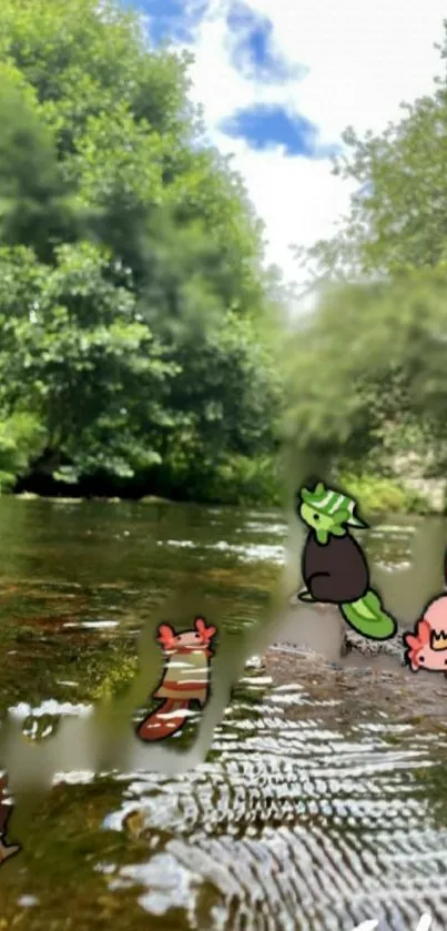 Cute cartoon animals by a serene stream in lush, green nature.