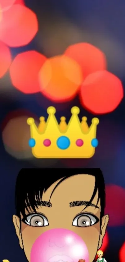 Cartoon face with crown and bubblegum on a bokeh background.