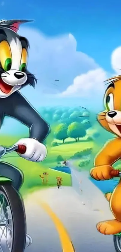 Tom and Jerry cycling in a cartoon landscape.