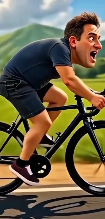 Cartoon cyclist riding through vibrant landscape.