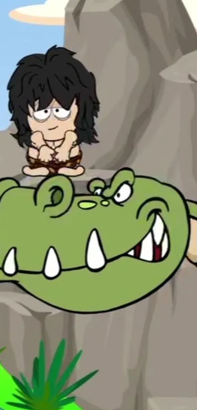 Cartoon of a caveman sitting on a friendly dinosaur on a rocky terrain.