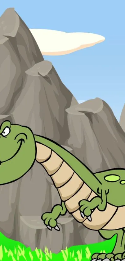 Cartoon green dinosaur with mountains in background.