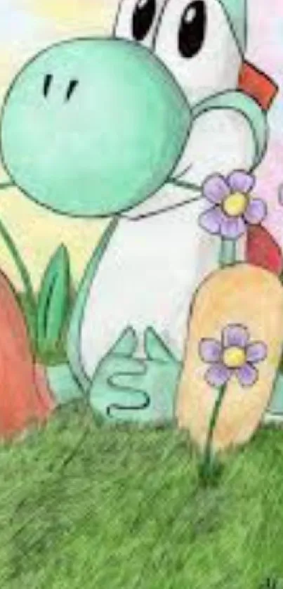 Cute cartoon dinosaur sitting among colorful flowers in a grassy field.