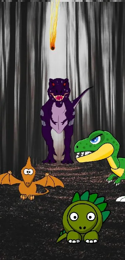 Colorful cartoon dinosaurs in a dark forest.