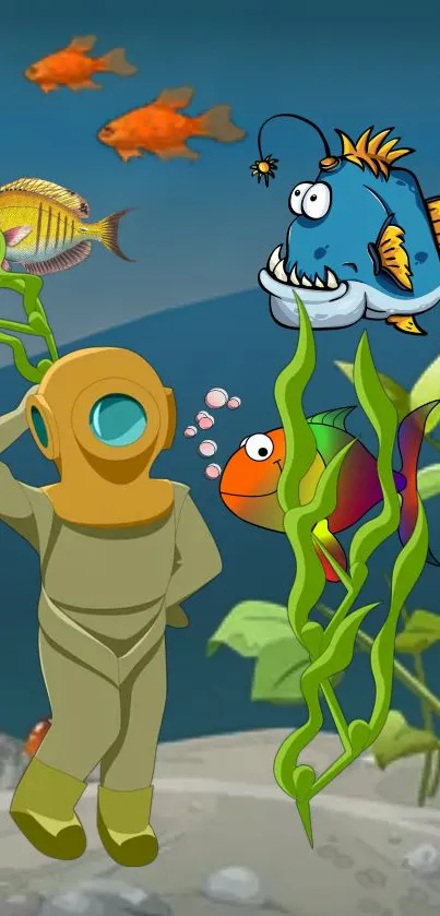 Cartoon diver exploring underwater ocean with colorful fish.