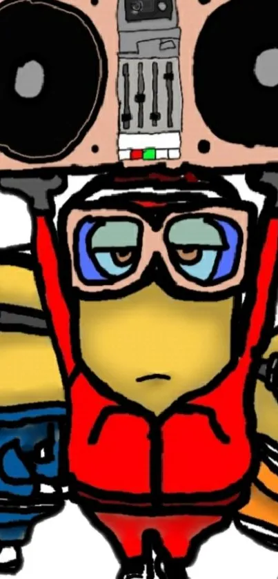 Cartoon DJ character with boombox in vibrant colors.