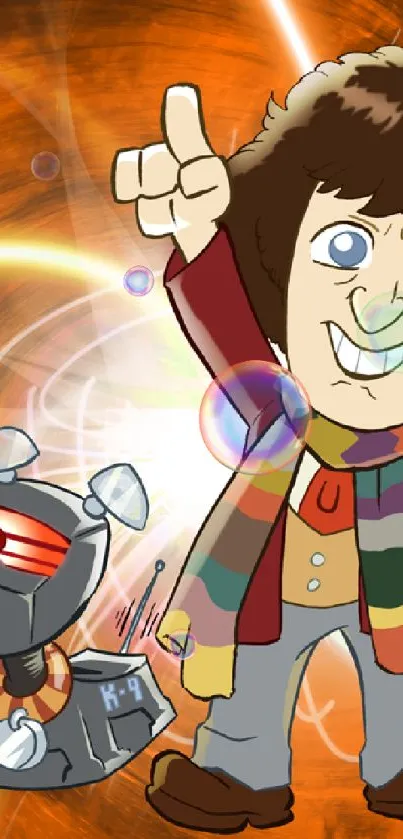 Cartoon doctor with robot dog in a vibrant space-time vortex.