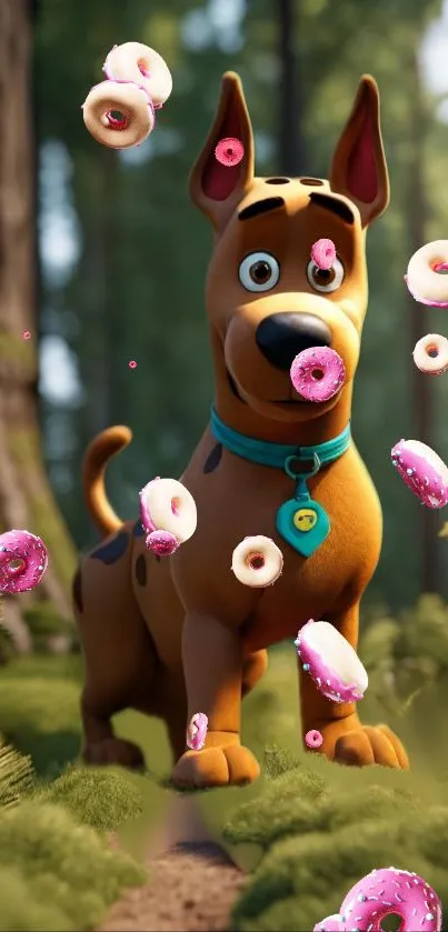 A cartoon dog in a forest with doughnuts floating around.