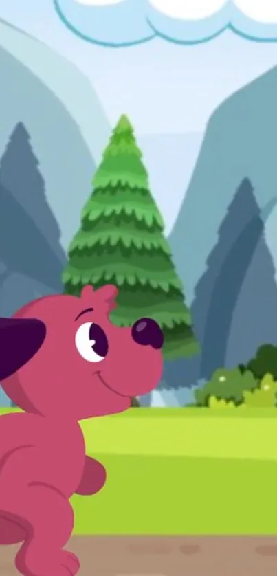 Cartoon pink dog in a lush green forest with mountains.