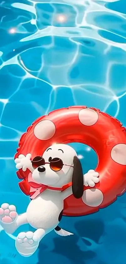 Cartoon dog lounging in a pool with a red float.