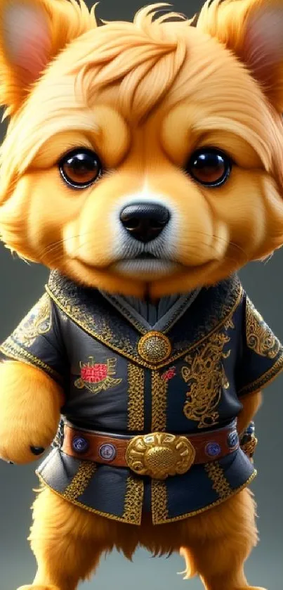 A cute cartoon dog wearing intricate royal attire on a mobile wallpaper.