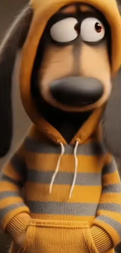 Cartoon dog in a striped hoodie looking curious.