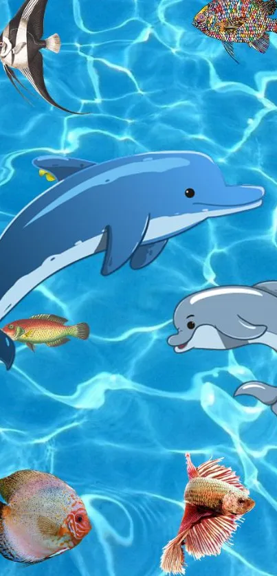 Cartoon dolphins and colorful fish in blue ocean water.