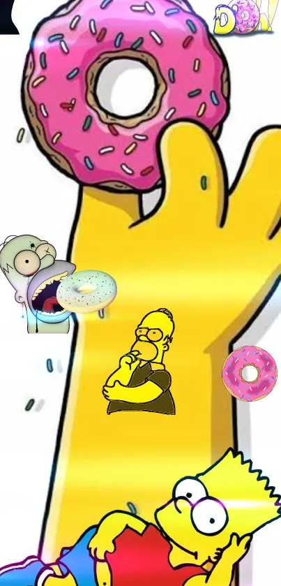 Cartoon wallpaper with yellow arm and donut featuring characters.