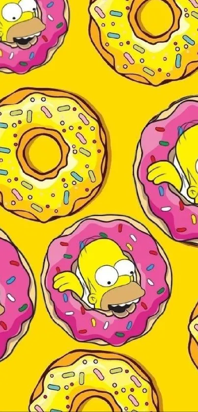 Cartoon donut design on yellow phone wallpaper.