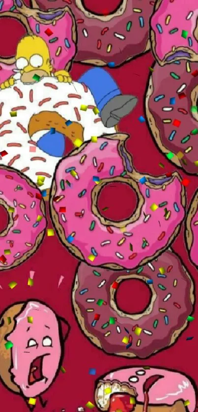 Cartoon donut wallpaper with sprinkles and playful characters.