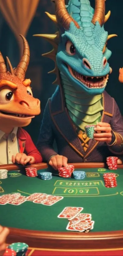 Cartoon dragons playing poker at a table.