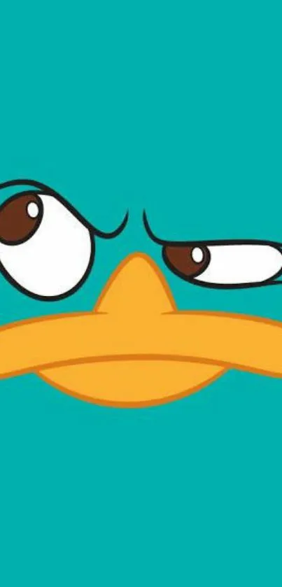 Cartoon face with teal background and orange beak, playful design.