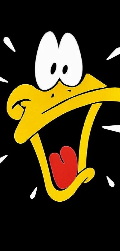 Cartoon duck face wallpaper with yellow, black, and red colors.