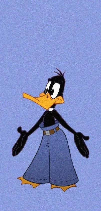 Cartoon duck character wearing blue jeans on a pastel purple background.